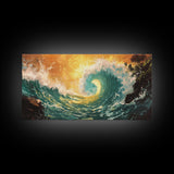 Golden Wave, surf wall art, seascape painting, coastal decor, nautical wall art, beach house decor, panoramic art, Canvas Print