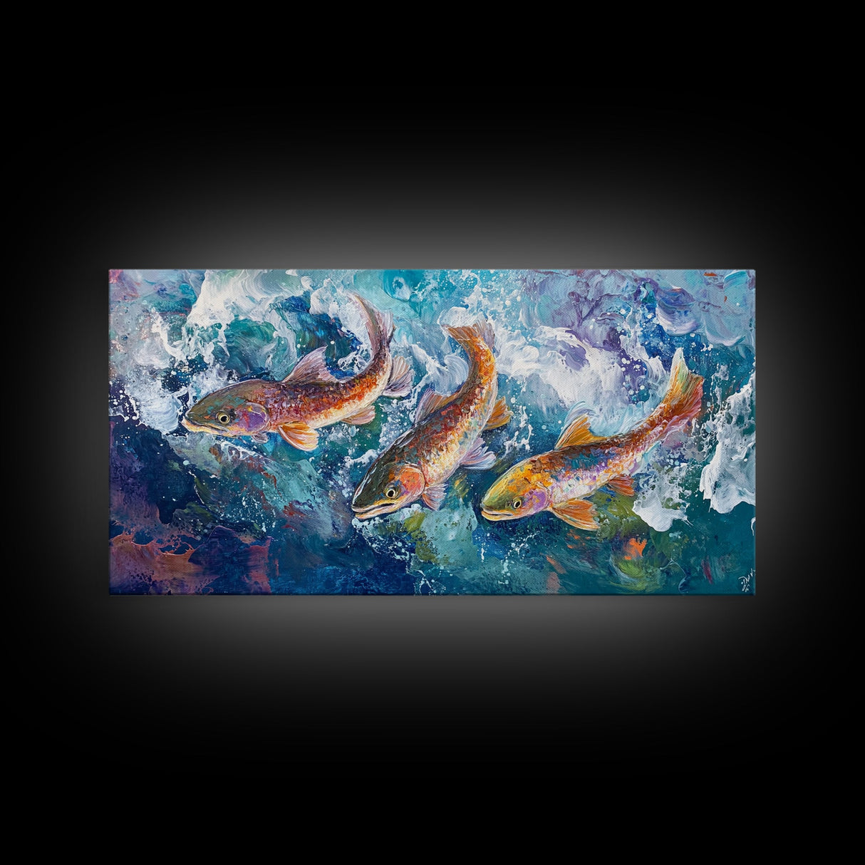 Koi Fish Painting, Framed Canvas Print, fly fishing art, trout art, extra wide painting, colorful fish painting, panoramic art