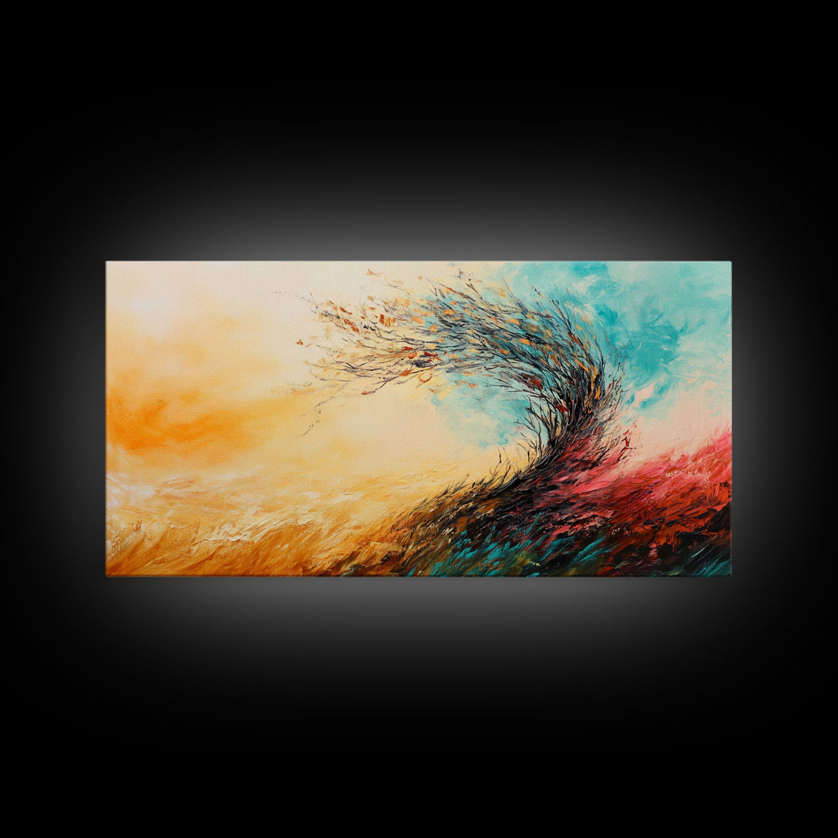 Windy Autumn, Framed Canvas Print, fall wall art, abstract landscape, extra wide painting, panoramic painting, autumn decor