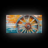 Rustic Wagon Wheel, Canvas Print, western wall art, rustic decor, farmhouse art, extra wide painting, horizontal wall art