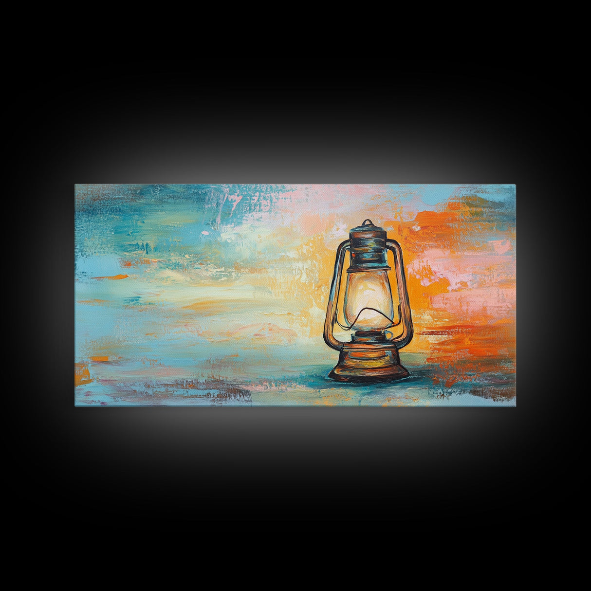 Lantern painting, rustic decor, farmhouse art, boho art, wabi sabi art, warm glow, extra wide art, framed canvas print, moody art