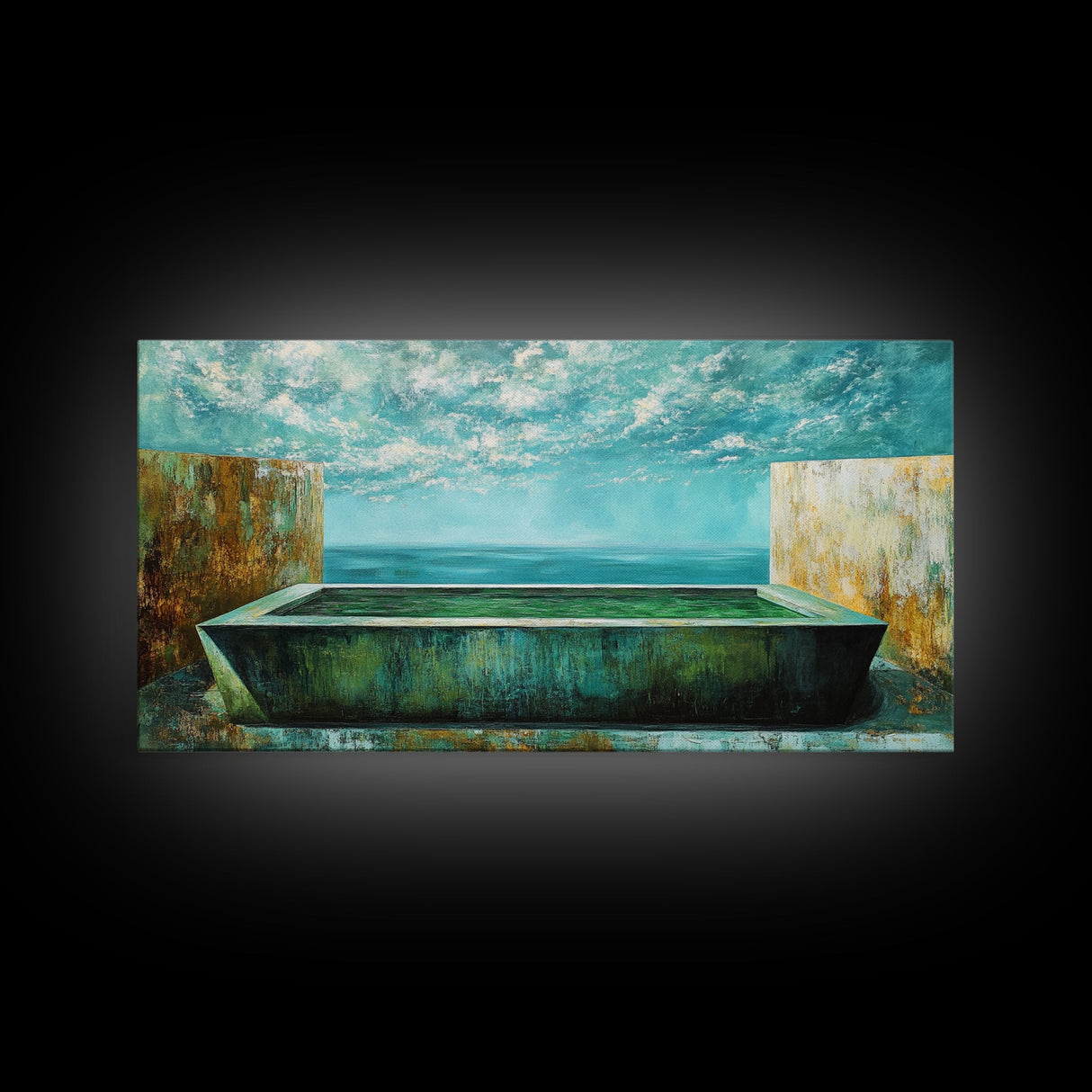 Infinity Pool, Canvas Print, modern landscape art, minimalist decor, extra wide painting, blue and green wall art, contemporary art