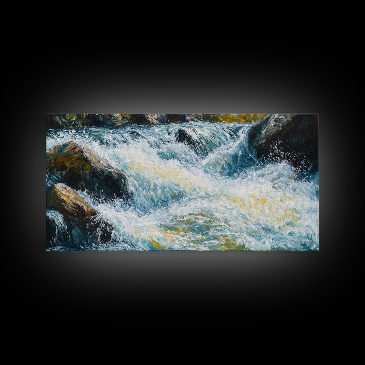 Waterfall, rushing stream, Canvas Print, landscape painting, above couch art, extra wide art, nature art, mountain painting