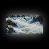 Waterfall, rushing stream, Canvas Print, landscape painting, above couch art, extra wide art, nature art, mountain painting