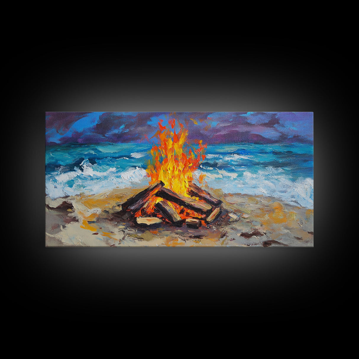 Beach bonfire, coastal decor, surf wall art, nautical painting, ocean fire, rustic wall art, horizontal wall art, canvas print, seascape