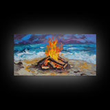 Beach bonfire, coastal decor, surf wall art, nautical painting, ocean fire, rustic wall art, horizontal wall art, canvas print, seascape