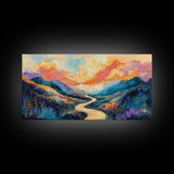 Abstract Landscape, Vibrant Sunset, Mountain Painting, Canvas Print, Extra Wide Art, Panoramic Art, Bedroom Art, Above Sofa Art