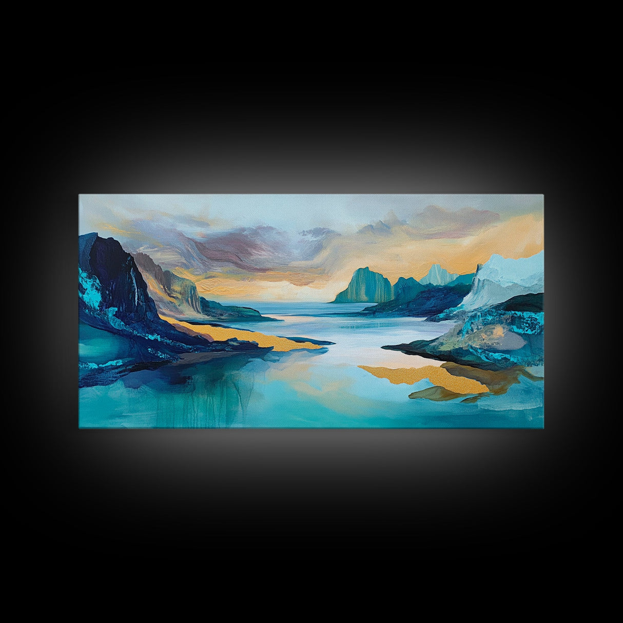 Serene Fjord, mountain painting, lake Tahoe art, blue and green wall art, panoramic painting, extra wide art, Framed Canvas Print, above sofa art
