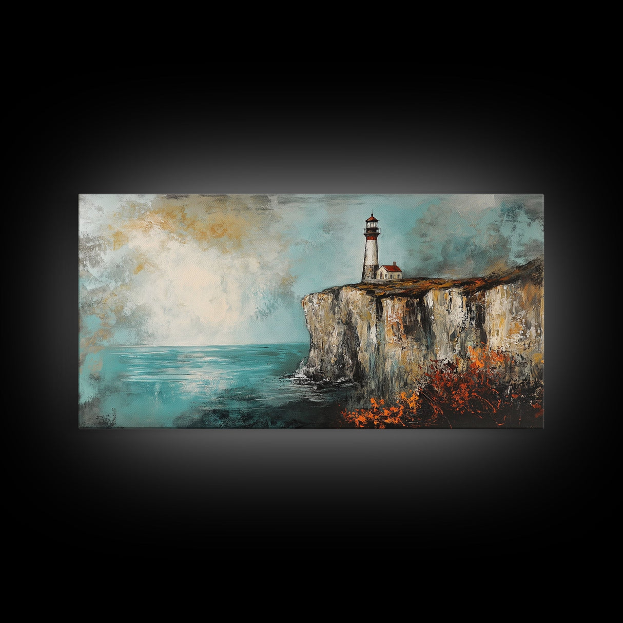 Lighthouse at Cliff, nautical wall art, coastal decor, dramatic seascape painting, panoramic painting, Framed Canvas Print, above sofa art