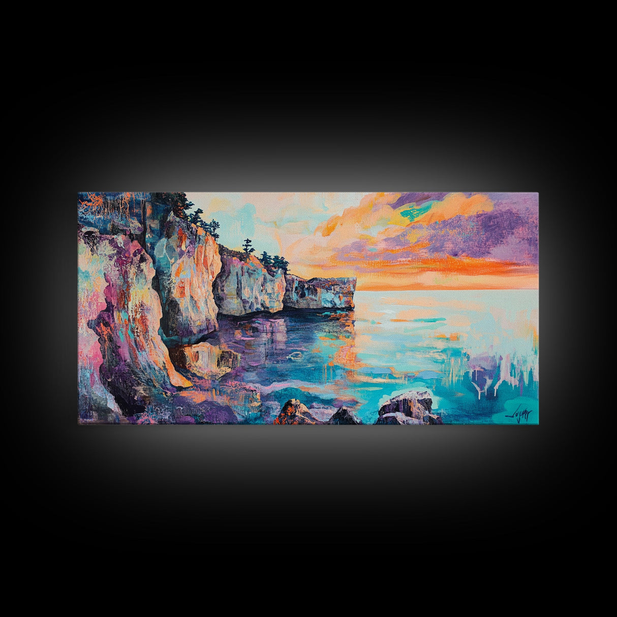 Sunset Over Cliffs, Coastal Painting, Ocean Landscape, Coastal Decor, Nautical Wall Art, Horizontal Wall Art, Framed Canvas Print