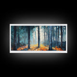 Enchanted Birch Forest, Pine Tree Art, Autumn Landscape, Birch Tree Painting, Rustic Wall Art, Framed Canvas Print, Extra Wide Art