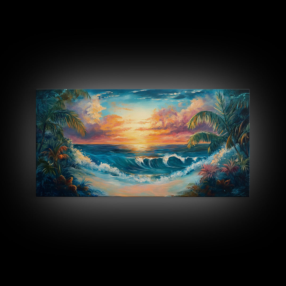 Tropical Waves, palm tree painting, Hawaii art, seascape painting, coastal decor, ocean painting, beach waves, Framed Canvas Print