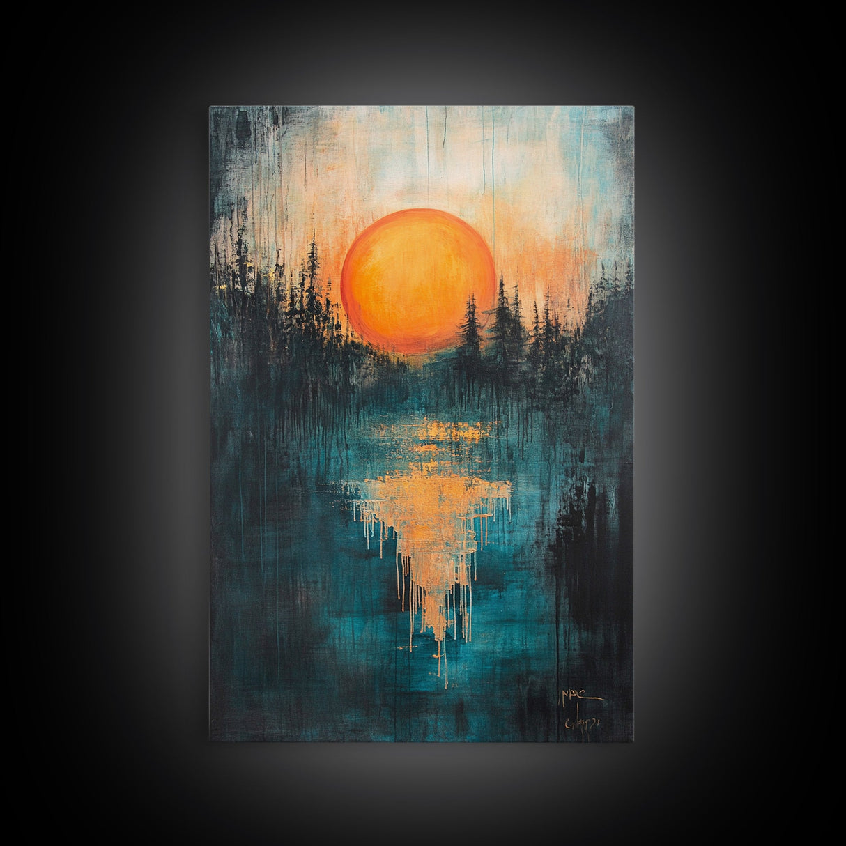 Sunset Over Water, Forest at Dusk Painting, Moody Landscape, Warm Glow Art, Nature Wall Art, Rustic Decor, Canvas Print