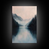 Misty Lake, mountain painting, smoky mountain art, panoramic painting, blue and green wall art, framed canvas print, moody art