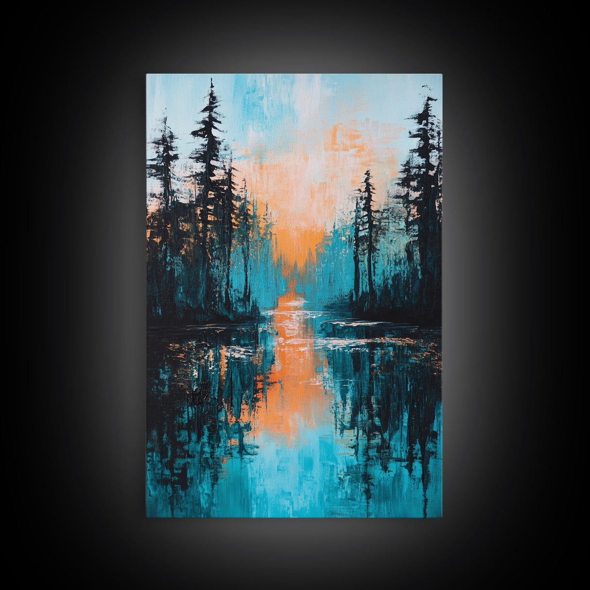 Sunset Reflection, pine tree art, landscape painting, teal wall art, Joshua tree art, framed canvas print, extra wide art