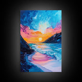 Colorful Beach, sunset painting, surf wall art, coastal painting, nautical decor, ocean waves, framed canvas print, seascape art