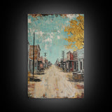 Western Town Scene, rustic wall art, farmhouse art, vintage horse art, southwest wall art, Framed Canvas Print