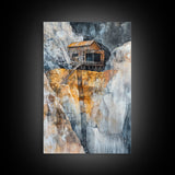 Rustic Cabin on Cliff, barn landscape painting, rustic art, farmhouse art, wabi sabi art, vintage horse art, Framed Canvas Print