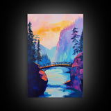 Vibrant Mountain Bridge, pink orange wall art, forest at dusk painting, landscape painting, above bed wall art, Canvas Print