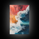 Fiery Ocean Wave, pink orange wall art, coastal landscape art, teal wall art, moody art, ocean abstract art, Framed Canvas Print
