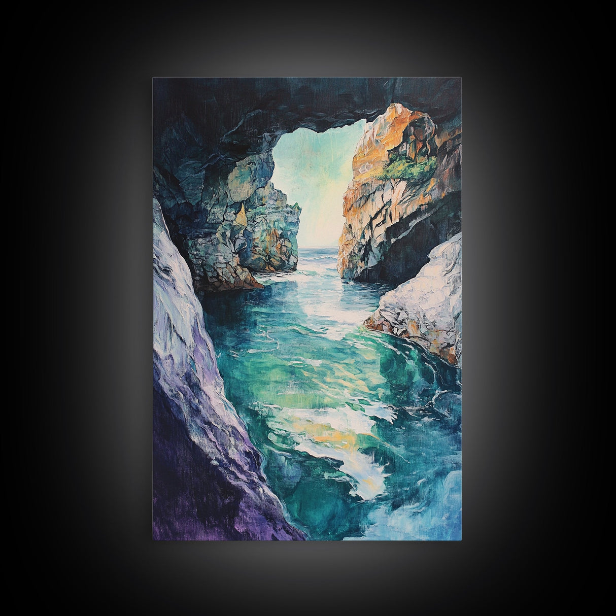 Hidden Sea Cave, nautical wall art, coastal decor, rustic wall art, moody art, Canvas Print, extra wide panoramic art