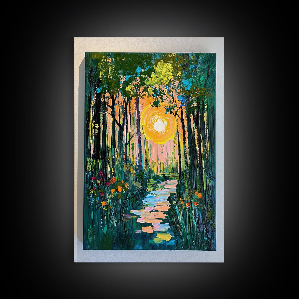 Forest Sunrise Path, wildflower painting, forest at dusk painting, wabi sabi wall art, whimsical art, Canvas Print