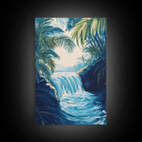 Jungle Waterfall View, tropical landscape painting, botanical prints, blue and green wall art, canvas print, extra wide art