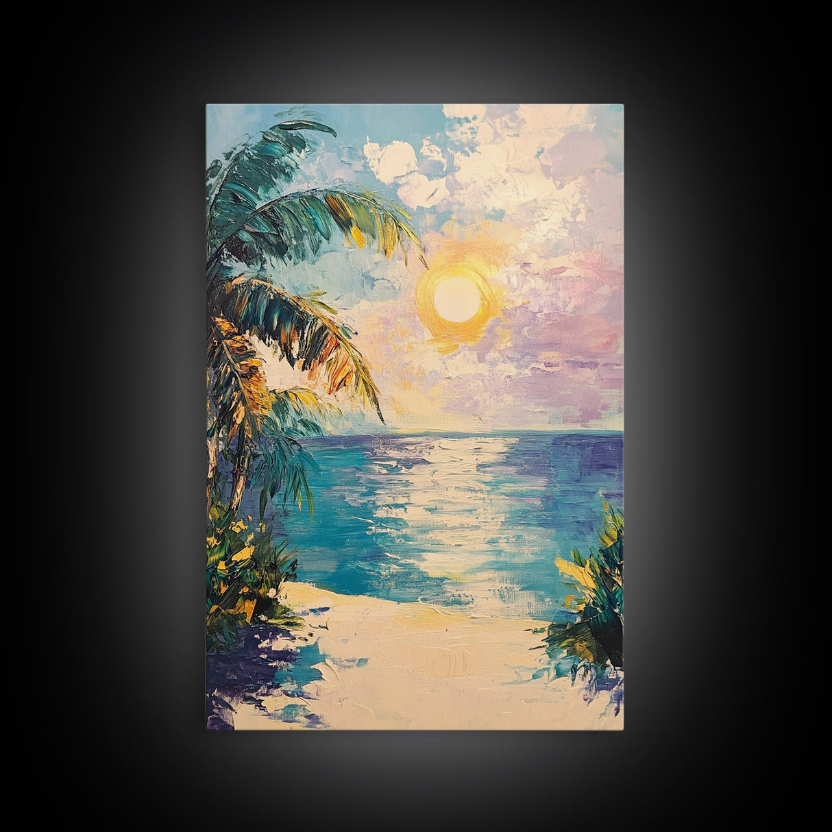 Tropical Beach Sunset, coastal cowgirl wall art, palm tree painting, beach scene, framed canvas print, bedroom art, nautical painting