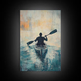 Kayaker at Sunset, Coastal Landscape Art, Nautical Wall Art, Moody Art, Above Sofa Art, Ocean Painting, Framed Canvas Print