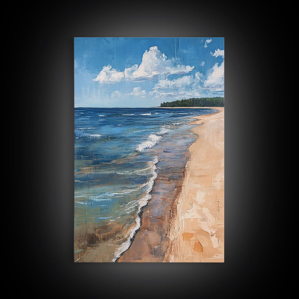 Sandy Beach Shoreline, Coastal Landscape Art, Nautical Decor, Ocean Painting, Seascape Wall Art, Beach House Art, Canvas Print