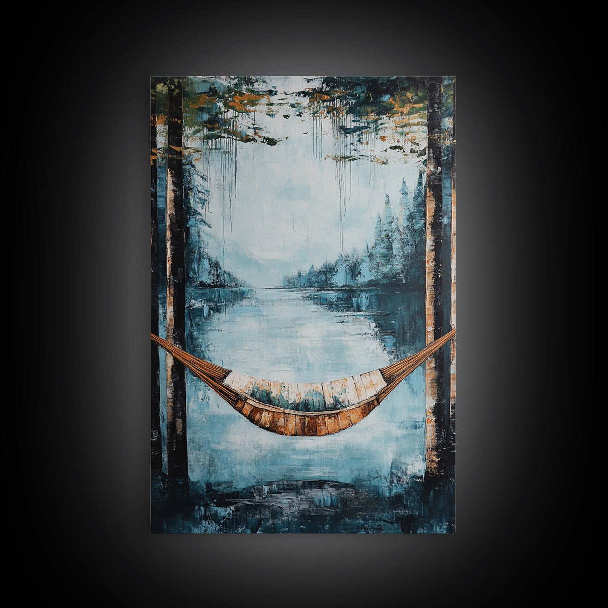 Hammock, Lake, Birch Trees, Framed Canvas Print, birch tree painting, landscape painting, wabi sabi art, rustic decor, extra wide art