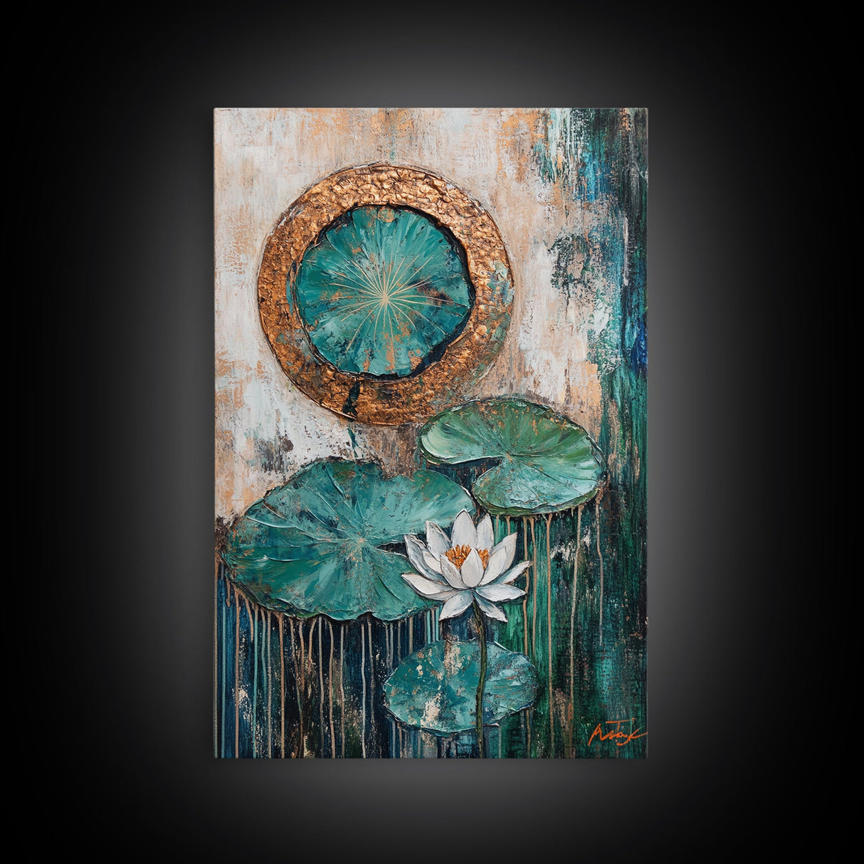 Lotus, Gold, Abstract, Framed Canvas Print, wabi sabi art, mosaic wall art, teal wall art, zen wall art, sacred geometry wall art