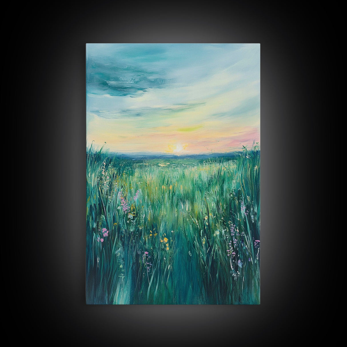Wildflower Field, wildflower painting, botanical prints, pink orange wall art, bedroom art, Framed Canvas Print, farmhouse art