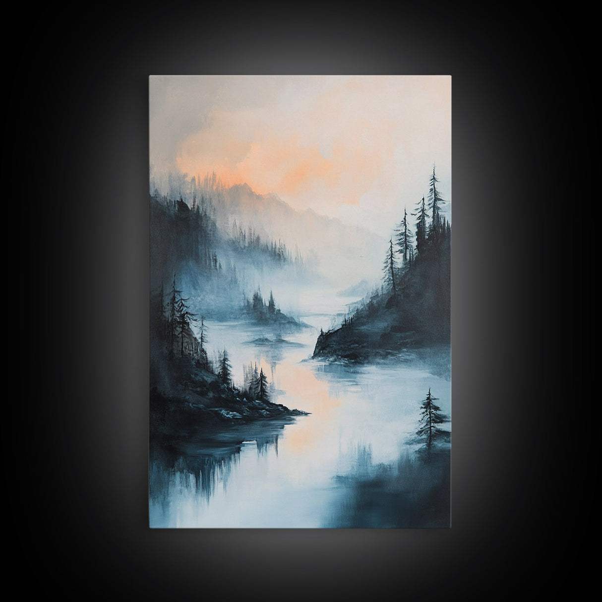 Misty Lake, landscape painting, smoky mountain art, pine tree art, moody art, blue and green wall art, Canvas Print, above sofa art