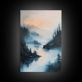 Misty Lake, landscape painting, smoky mountain art, pine tree art, moody art, blue and green wall art, Canvas Print, above sofa art