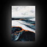 abstract seascape painting, blue and green wall art, modern coastal decor, wabi sabi art, Framed Canvas Print, extra wide art, moody art