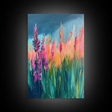 Wildflower Painting, poppy wall art, pink orange wall art, floral landscape, botanical prints, framed canvas print, rustic wall art