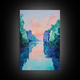 Sunset Lake Painting, landscape painting, pink orange wall art, moody art, lake Tahoe art, framed canvas print, minimalist art