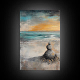 Zen Rock Stack Framed Canvas Print Coastal Wall Art, Beach Sunset Painting, Meditation Room Art, Tranquil Ocean Artwork, Boho Decor