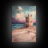 Fantasy Castle Framed Canvas Print Dreamy Coastal Art, Whimsical Beach Painting, Living Room Wall Decor, Pastel Ocean Landscape