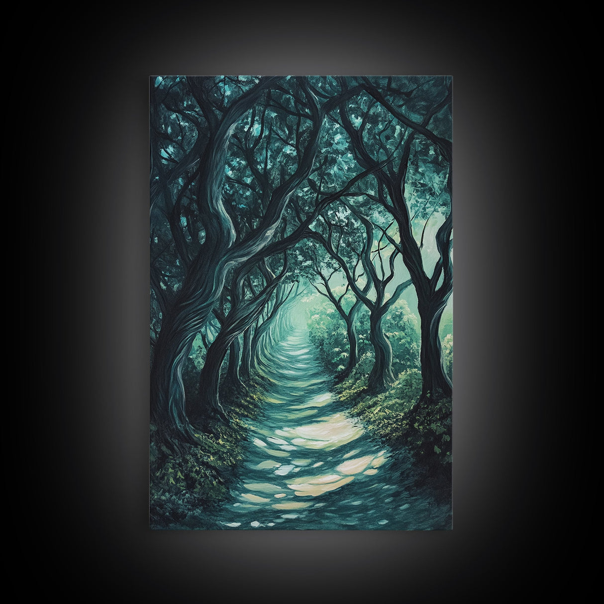 Mystical Tree Tunnel Framed Canvas Print Enchanted Forest Art, Fantasy Landscape, Dark Green Nature Decor, Living Room Wall Art