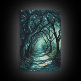 Mystical Tree Tunnel Framed Canvas Print Enchanted Forest Art, Fantasy Landscape, Dark Green Nature Decor, Living Room Wall Art