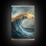 Majestic Ocean Wave Canvas Print Abstract Coastal Art, Gold and Blue Beach Wall Decor, Surfing Aesthetic, Living Room Accent