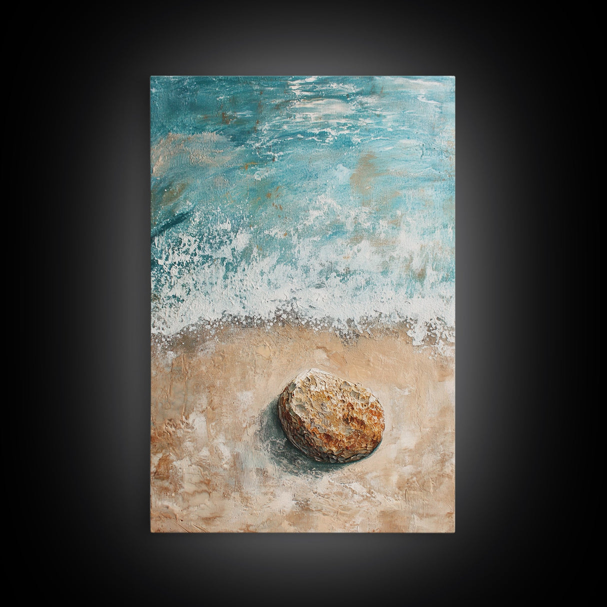 Serene Beach Stone Canvas Print Tranquil Ocean Art, Coastal Zen Wall Decor, Relaxing Beach House Style, Minimalist Seascape Painting