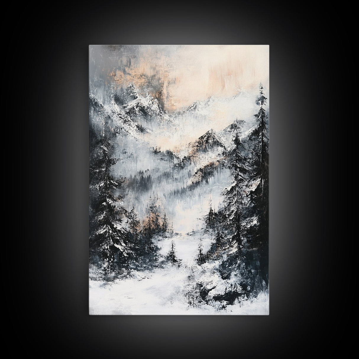 Snowy Mountain Scene Canvas Print Winter Wonderland Wall Art, Alpine Landscape Painting, Cozy Cabin Decor, Neutral Holiday Artwork