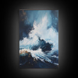 Ocean Wave Power Framed Canvas Print, Coastal Wall Art, Abstract Seascape Painting, Nautical Decor, Beach House Art, Modern Ocean Art