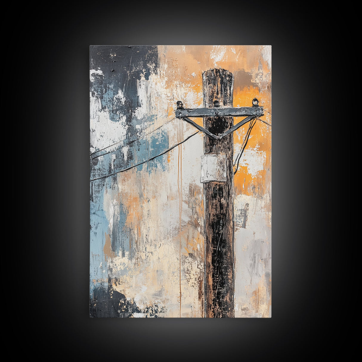 Rustic Telephone Pole Framed Canvas Print Industrial Wall Art, Urban Grunge Decor, Abstract Cityscape Painting, Modern Office Artwork