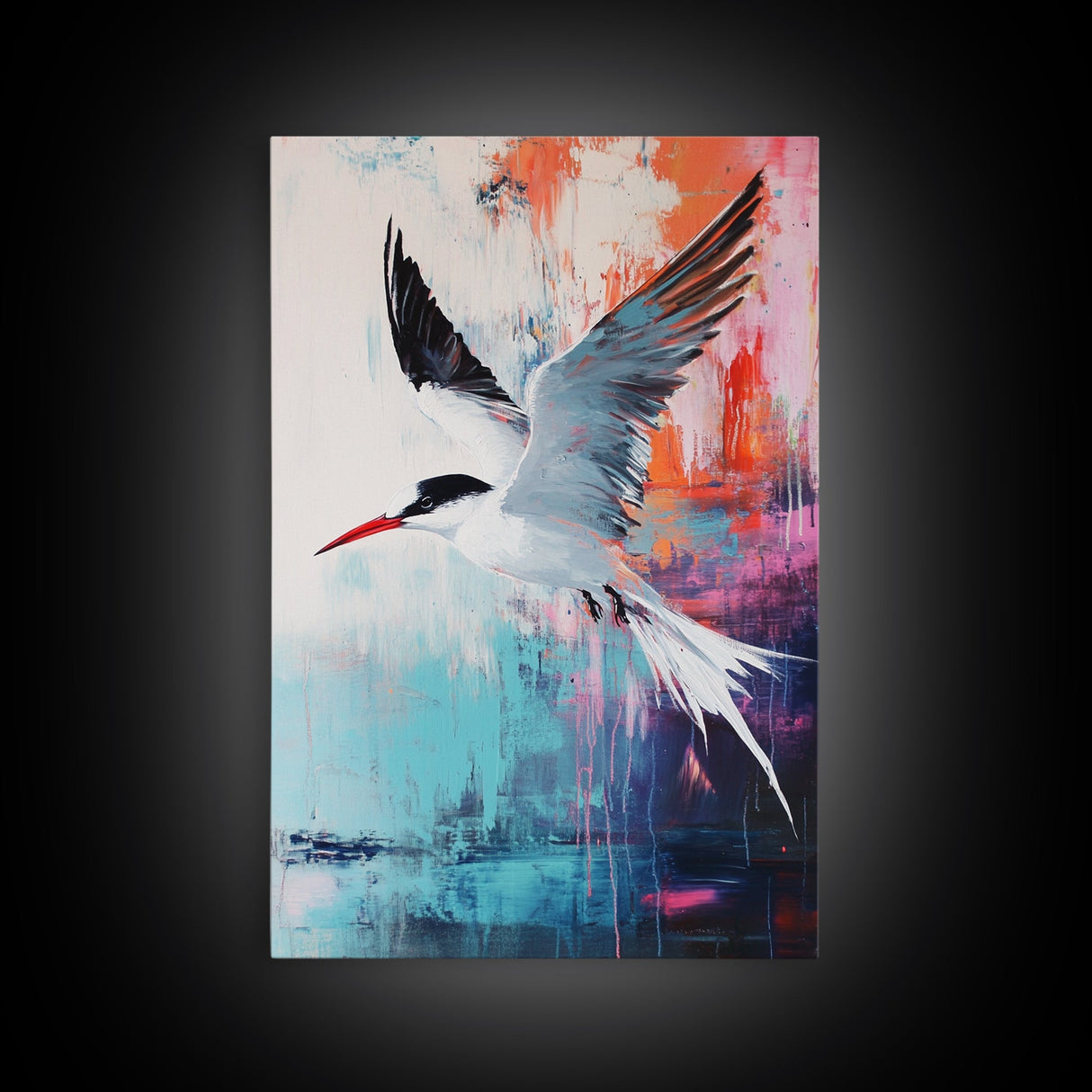 Soaring Bird Framed Canvas Print Coastal Wall Art, Seabird Painting, Ocean Blue Decor, Modern Minimalist Art, Vibrant Nature Artwork
