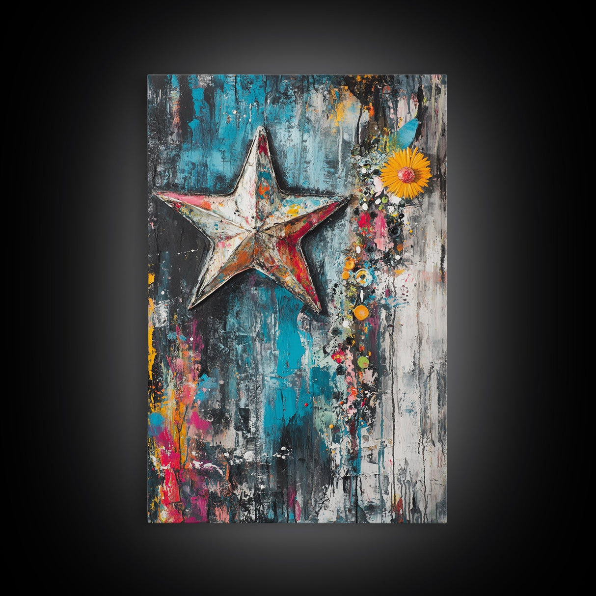 Metal Star Rustic Framed Canvas Print Patriotic Wall Art, Western Home Decor, Distressed Americana Artwork, Country Farmhouse Style