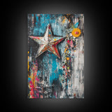 Metal Star Rustic Framed Canvas Print Patriotic Wall Art, Western Home Decor, Distressed Americana Artwork, Country Farmhouse Style